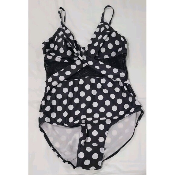 NWT SouqFone Crossover Bandeau Black White Polka Dot Mesh One Piece Size M 8-10 - Picture 2 of 7